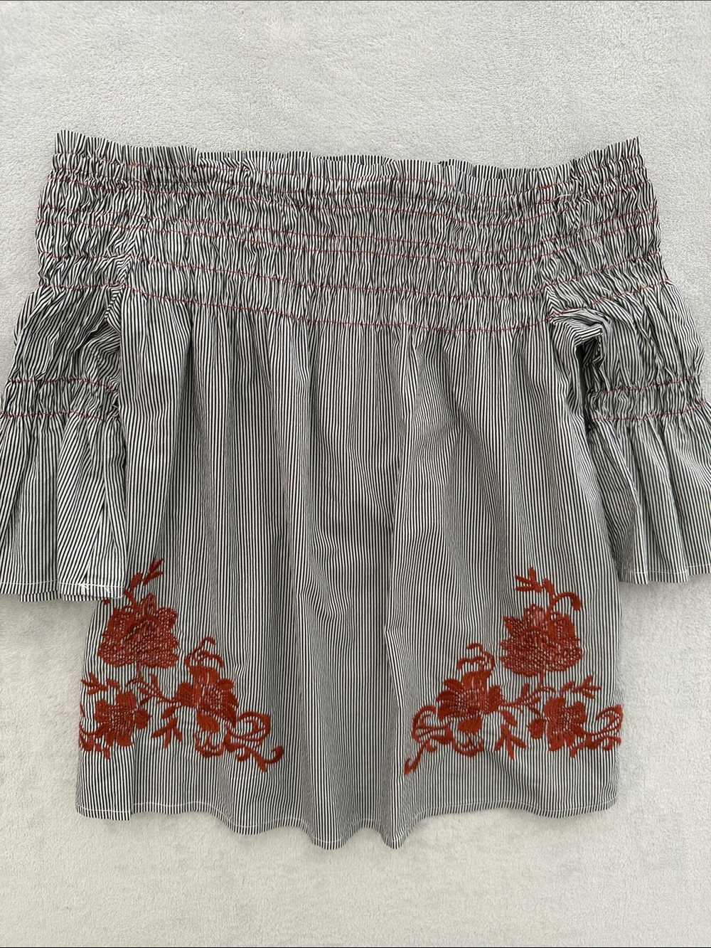 Sweet Wanderer Black & White Striped Top with Rust Floral Embroidery